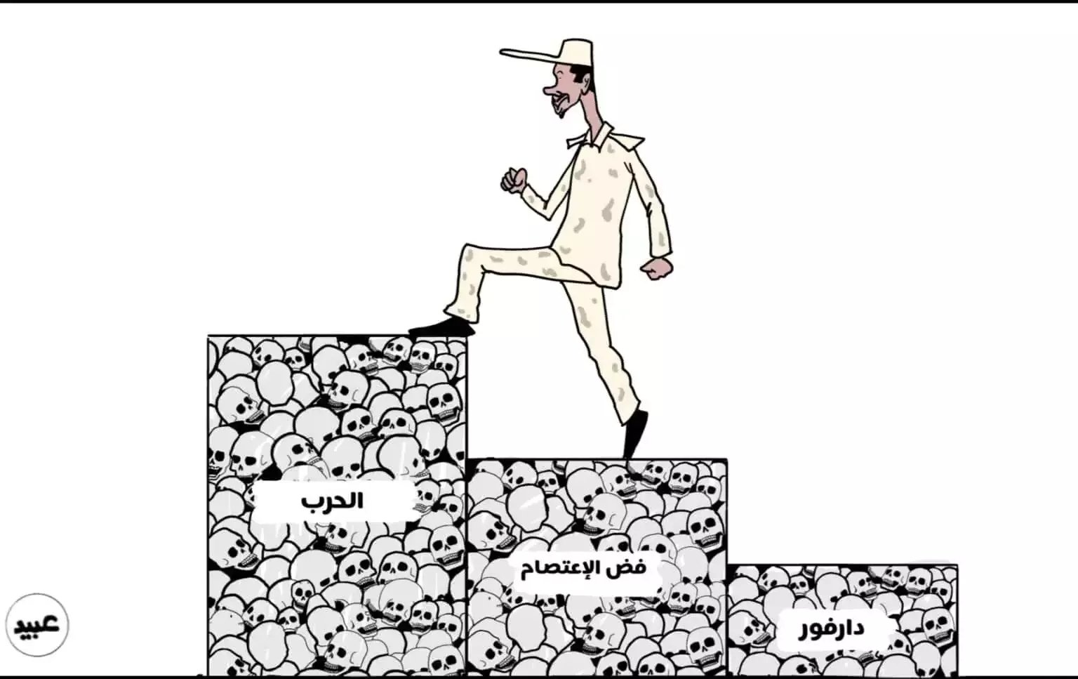 Un dessin d'Osman Obaid intitulé « Échapper à la sanction », publié en mai 2024. Sur la première marche, à droite : « Darfour » ; après : « Dispersion du sit-in » (cela correspond au massacre de juin 2019) ; et enfin : « La guerre ».