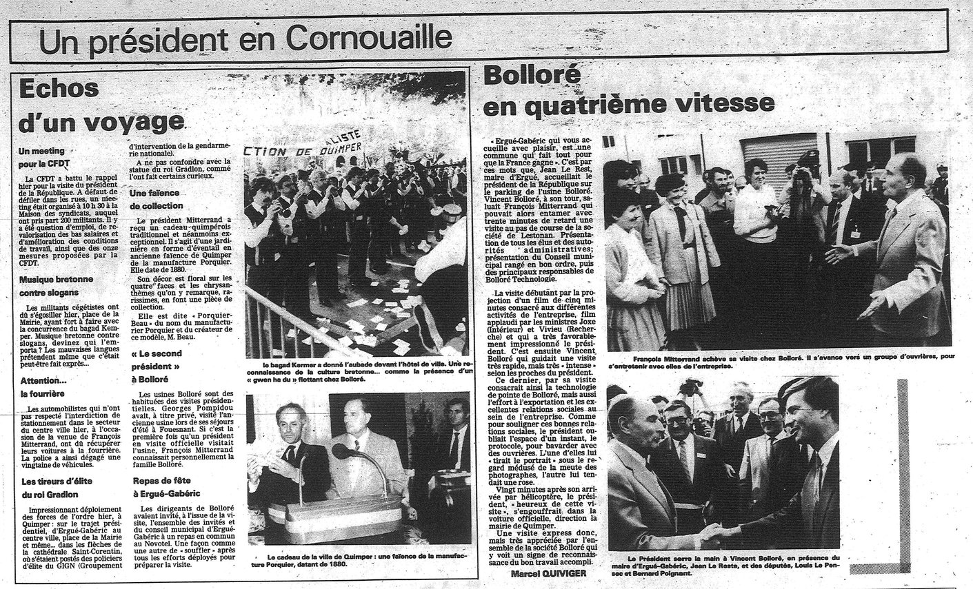 Une archive du journal breton {Le Télégramme} relatant la visite de François Mitterrand à l'usine Bolloré, en octobre 1985.