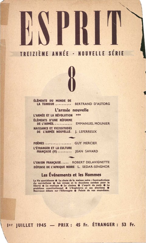 Le numéro de la revue {Esprit} dans lequel Senghor publie « Défense de l'Afrique noire ».