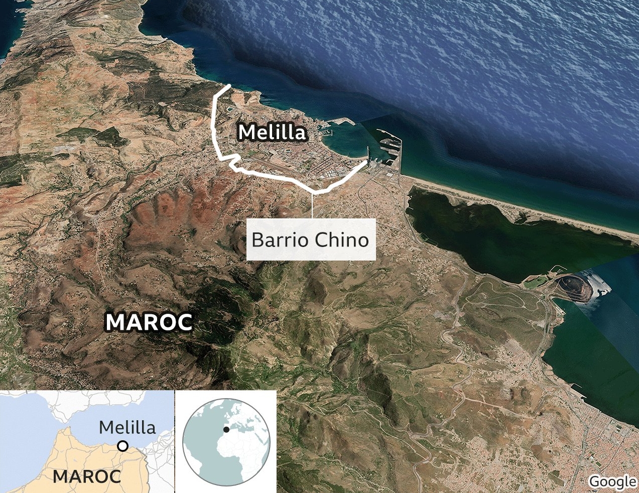 Image satellite de l'enclave de Melilla.