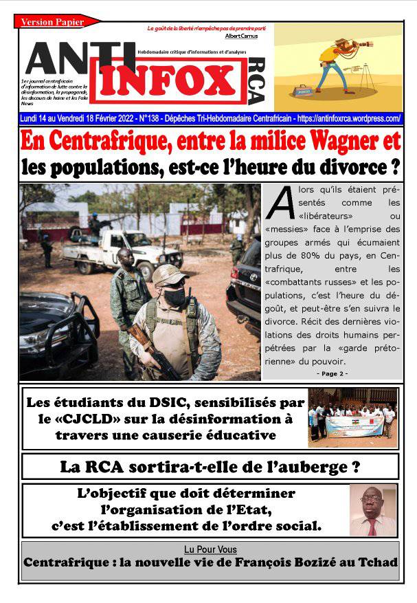 Une de l'édition du 14 février 2022 d'{Anti infox RCA}.