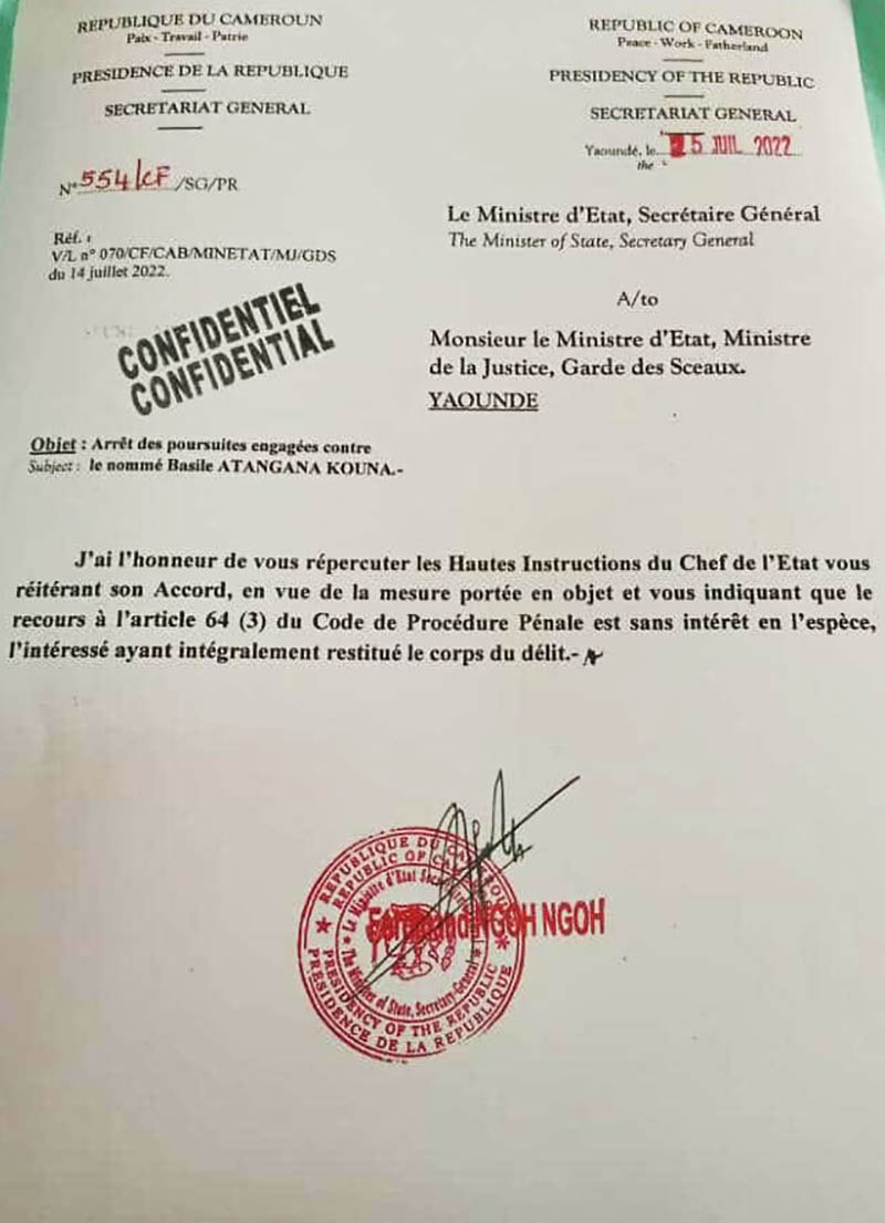 Dans ce courrier « confidentiel » daté du 25 juillet 2022, le secrétaire général de la Présidence fait part des {« hautes instructions »} du président de la République en faveur de la libération d'Atangana Kouna.
