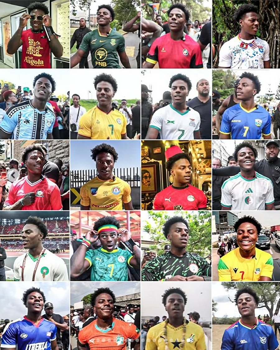 IShowSpeed portant les maillots des vingt pays africains traversés.