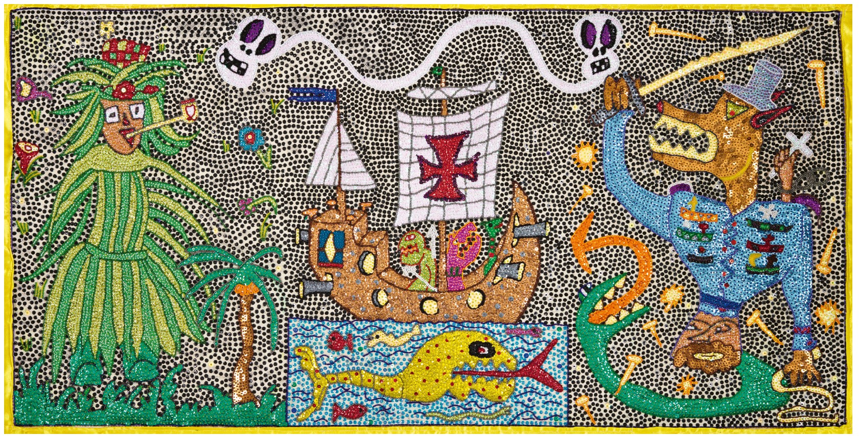 « Les conquistadors », 2014, perles et sequins (150 x 50 cm).