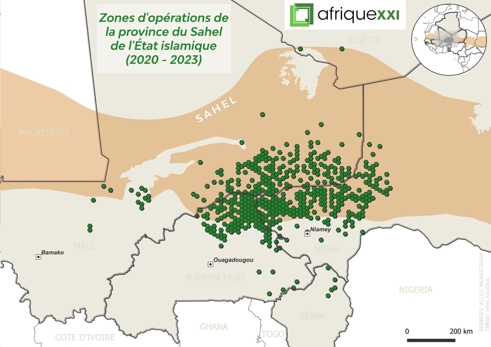Zones d'opérations de l'EI-Sahel dans le Sahel central, entre 2020 et 2023.