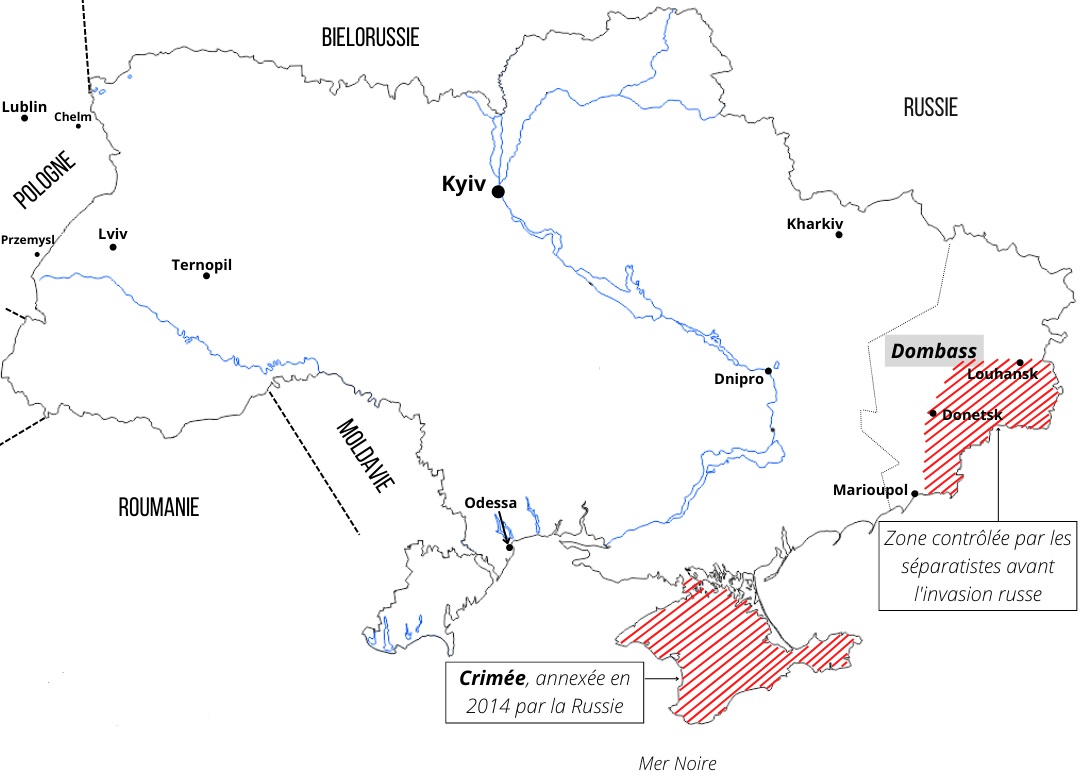 Carte de l'Ukraine (avant l'agression russe) figurant les villes évoquées dans ce reportage.