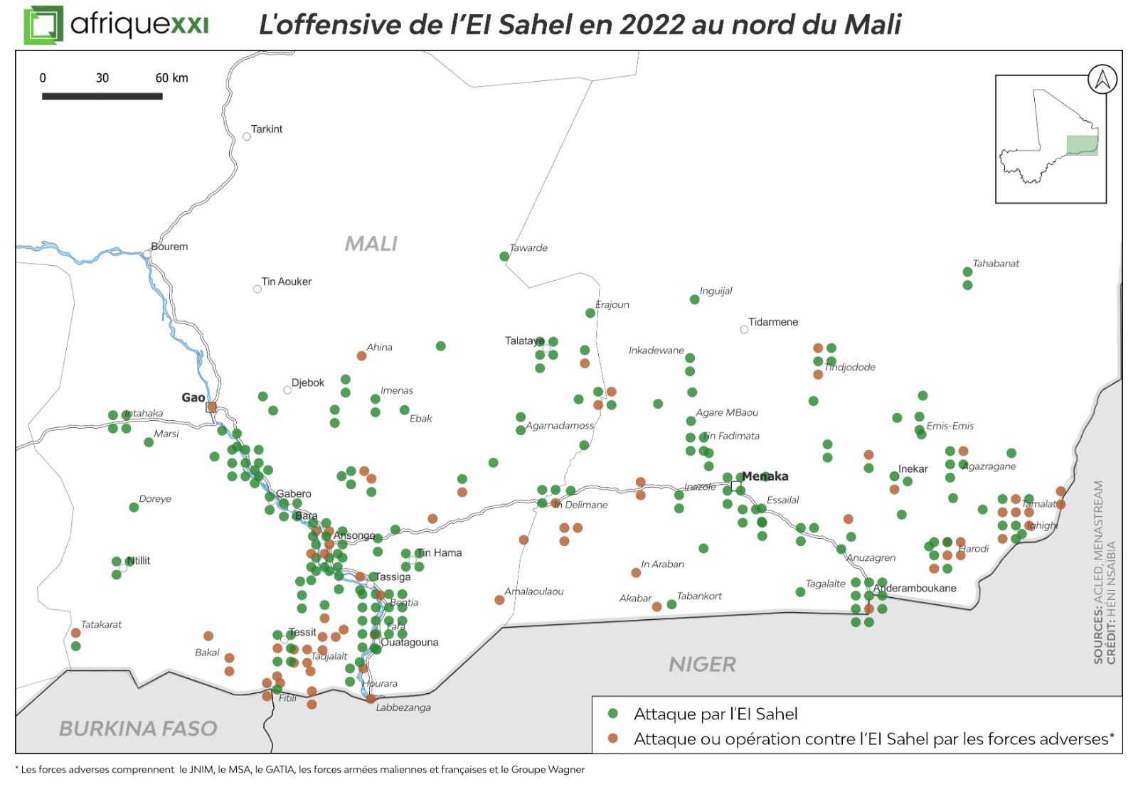 Localités attaquées par l'EI-Sahel en 2022 dans le nord-est du Mali.