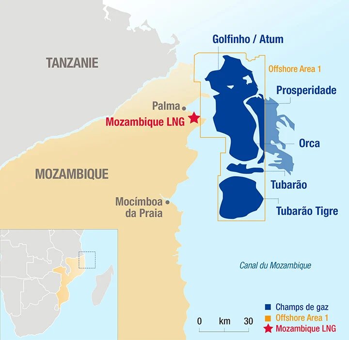 Une carte du projet Mozambique LNG et du bloc 1 prochainement exploité par TotalEnergies.