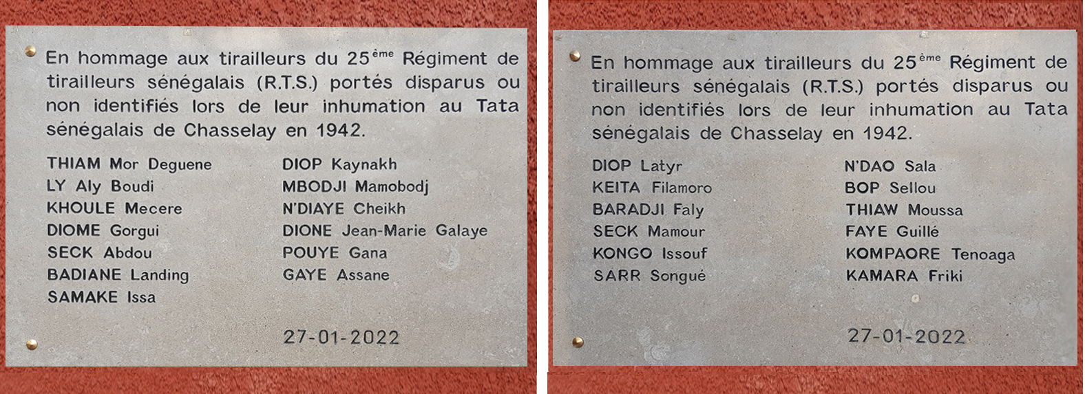 Les deux plaques inaugurées le 27 janvier 2022. Plusieurs de ces soldats ne sont très probablement pas enterrés dans le Tat, comme le sergent Ténoaga Kompaoré, qui apparaît pourtant dans la liste.