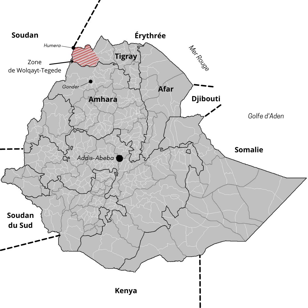 En rouge, la zone Wolqayt-Tegedé, située à l'extrême Nord-Ouest du pays.