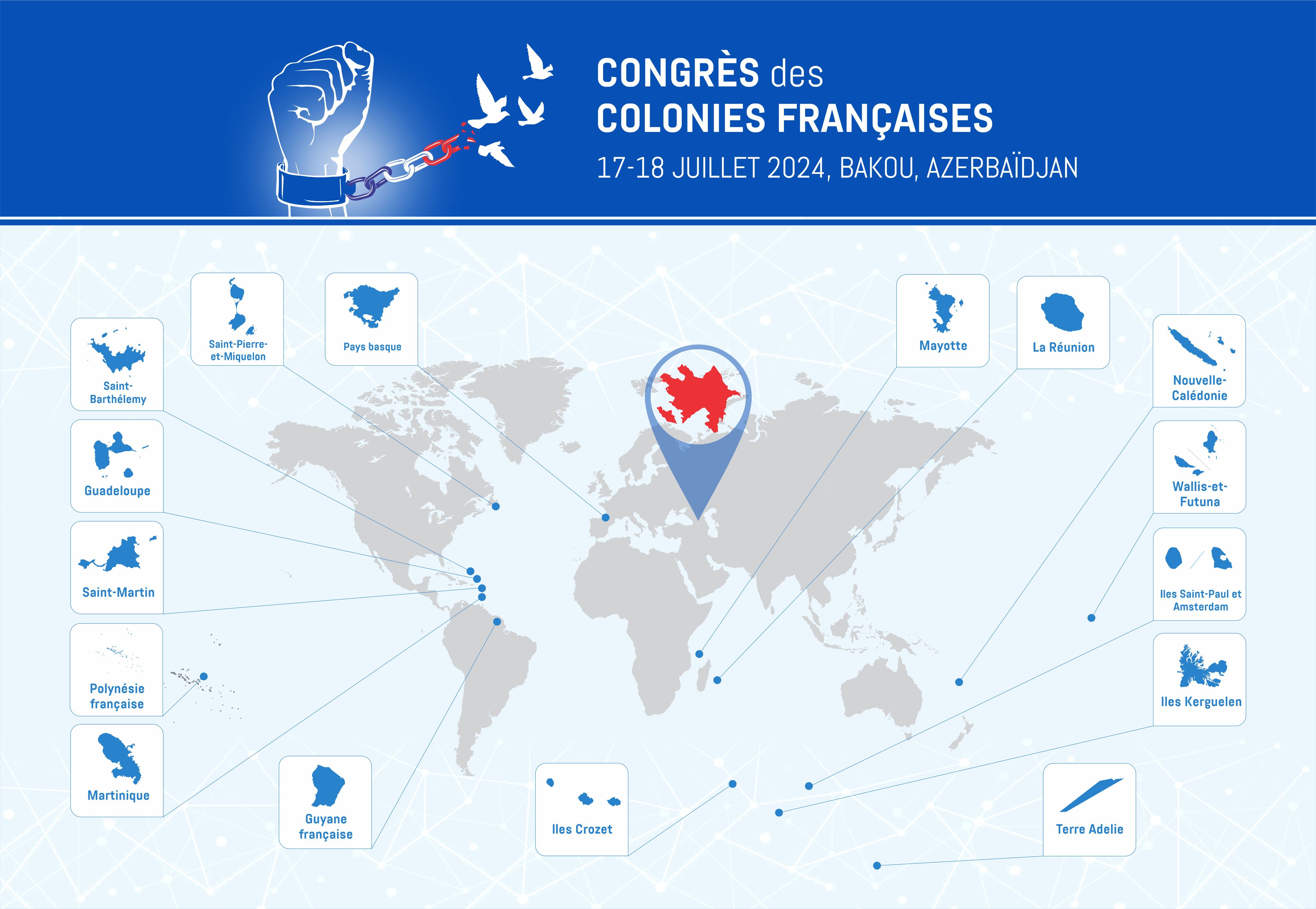 En juillet 2024, le Baku Initiative Group a organisé un Congrès des colonies françaises à Bakou, dont voici une illustration.