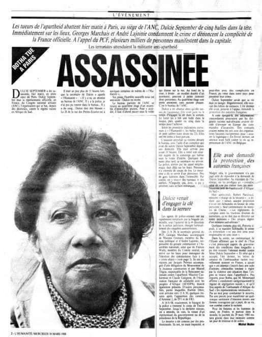 Ouverture du journal {L'Humanité} au lendemain de l'assassinat de Dulcie September.