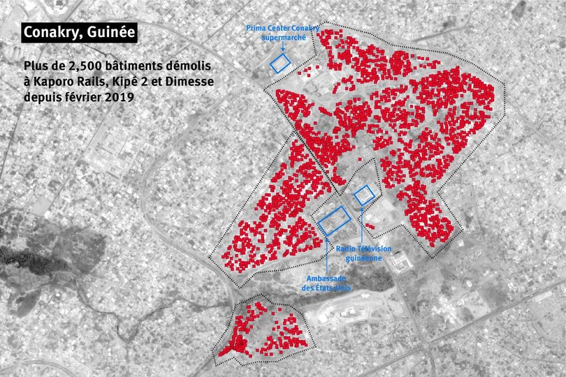 Images satellite après les démolitions dans les quartiers de Kaporo-Rails, Kipé 2 et Dimesse. Une analyse des images par Human Rights Watch indique qu'au moins 2 500 bâtiments ont été démolis en 2019.
