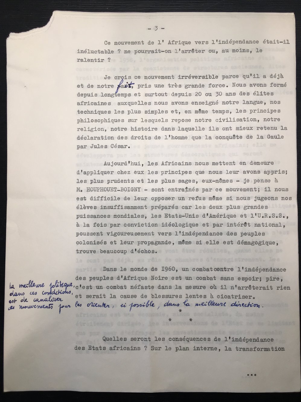 Troisième page du discours de Pierre Messmer, sur laquelle figurent des notes manuscrites.
