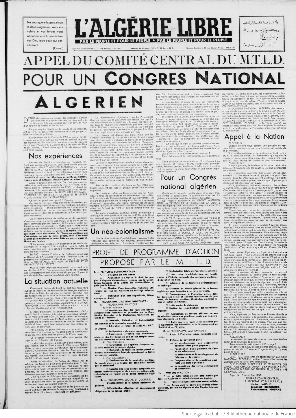En une de {L'Algérie libre} le 11 décembre 1953, l'appel du MTLD qui pourfend le {« néo-colonialisme »} des autorités françaises.
