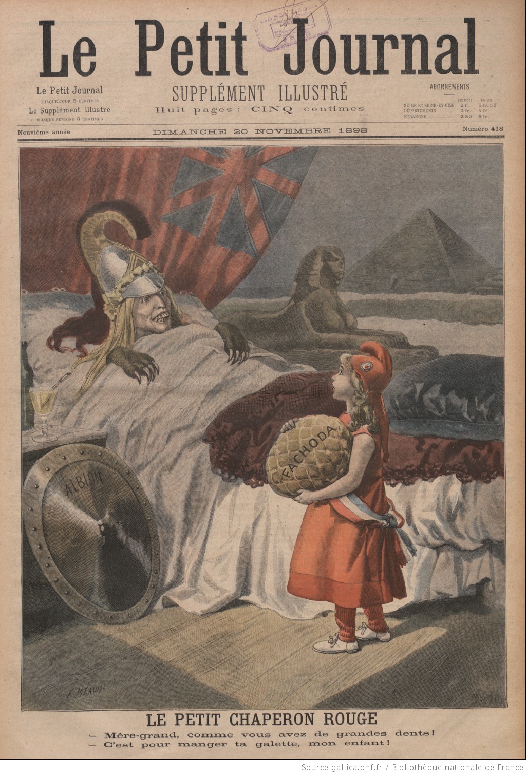 Le 20 novembre 1898, {Le Petit journal}, un quotidien parisien, consacre sa une à la défaite de Fachoda.
