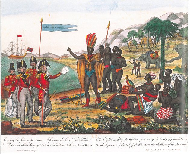 Lithographie conservée à la Bibliothèque nationale de France, légendée ainsi : « Les Anglais faisant part aux Africains du Traité de paix des puissances alliées du 20 octobre 1815 sur l'abolition de la traite des noirs ».