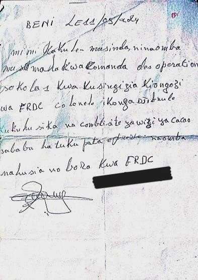 Letter of retraction imposed by Beni military intelligence on Masinda Kamangura, president of the Cooperative for the Development of Agricultural Producers in Congo. Translation: “I, Kakule Masinda, apologise to the commander of the Sokola 1 operations for the slander against the FARDC commander Colonel Ikonga Djibrule for his complicity with cocoa thieves, because we have not found any evidence. I ask for good cooperation with the FARDC.”