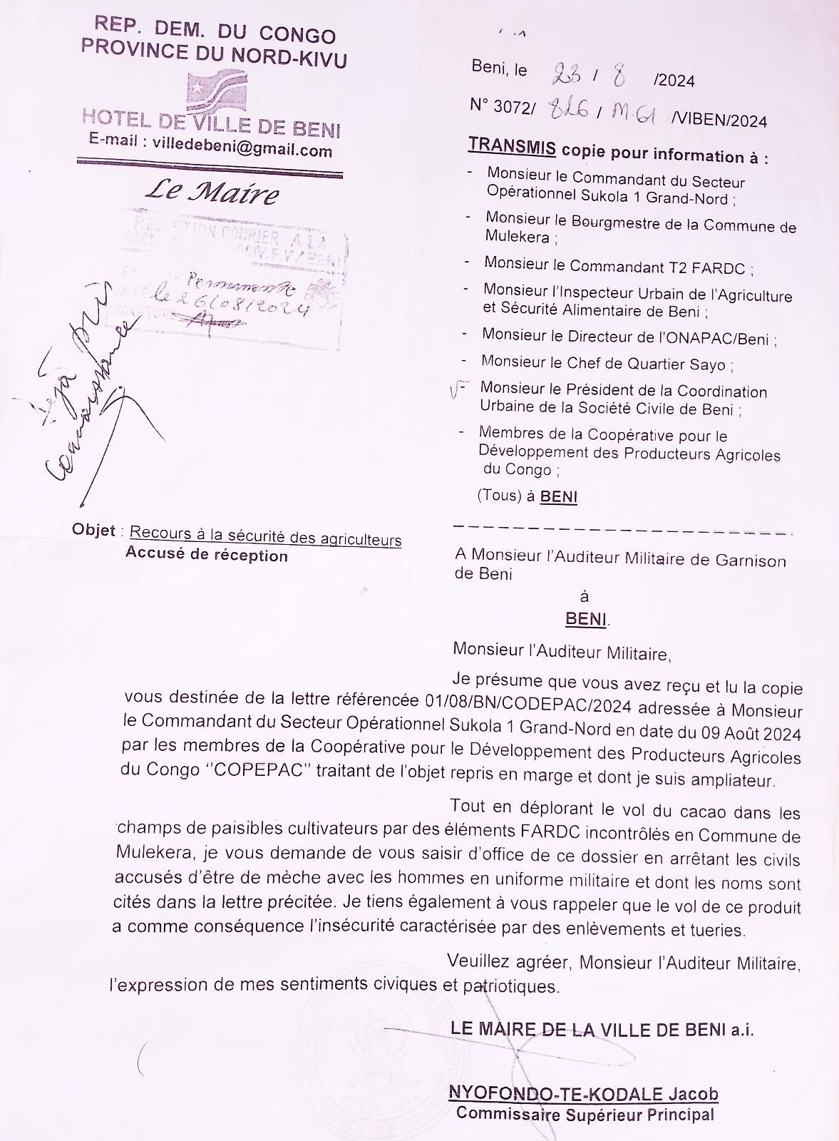 Letter dated 23 August 2024 from the mayor of Beni, Jacob Nyonfondo-Te-Kodale, addressed to the military prosecutor of the Beni garrison, requesting legal proceedings against civilians complicit with the FARDC in the theft of cocoa.