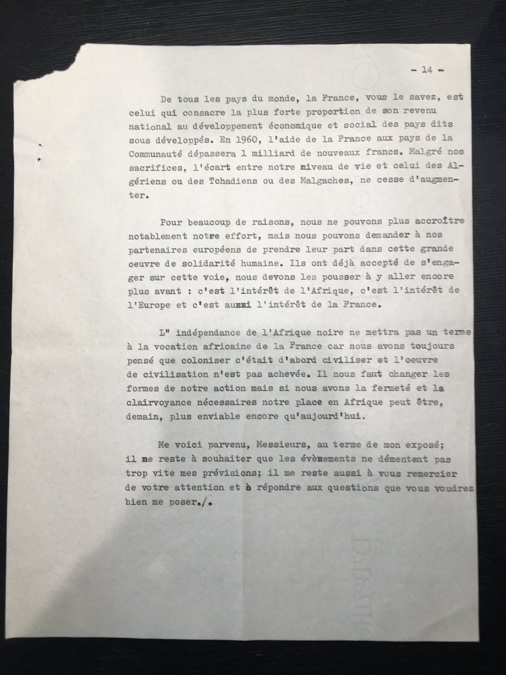 Dernière page du discours de Pierre Messmer.