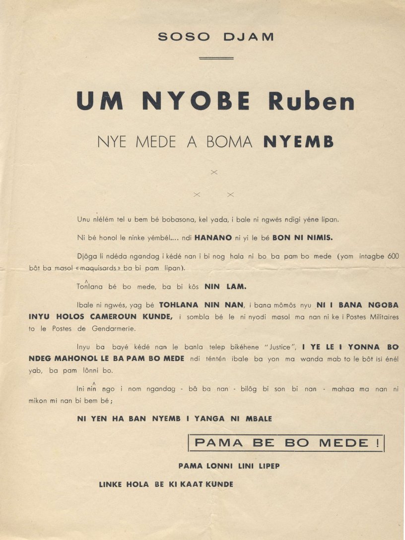 Tract de propagande française annonçant en langue bassa la mort de Ruben Um Nyobè, en septembre 1958.
