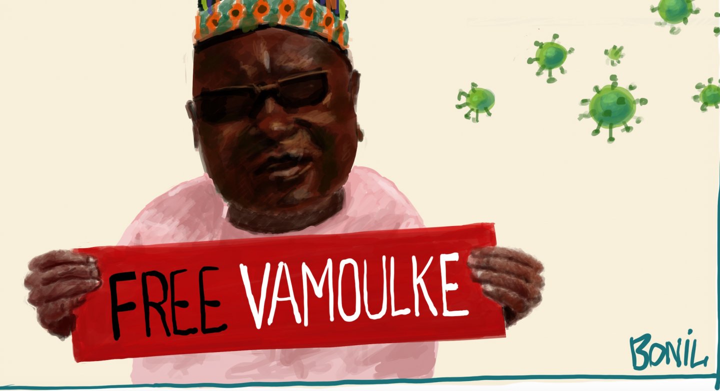 Dessin d'Amadou Vamoulké réalisé par le caricaturiste équatorien Bonil lors d'une campagne initiée par Reporters sans frontières et Cartooning for Peace en 2020.