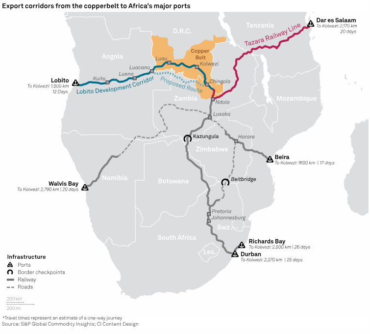 In blue, the route of the Lobito corridor.