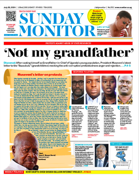 Le 28 juillet, le {Sunday Monitor} titre sa une : {« Not my grandfather »} (« Tu n'es pas mon grand-père ») en écho aux revendications des manifestants.