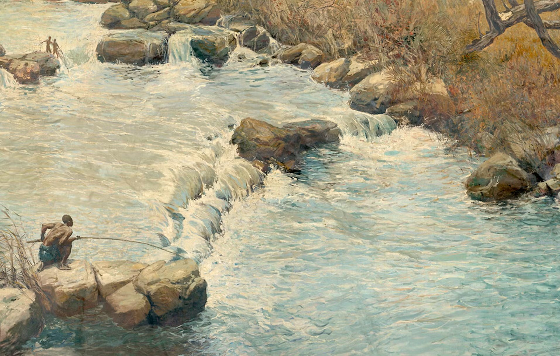 The image depicts a serene river scene with gentle flowing water. It features several rocky outcrops along the riverbank, where a few figures are engaged in fishing. The landscape is lush with grasses and a mix of plant life, suggesting a natural and tranquil environment. The colors are soft and soothing, with shades of blue and green dominating the water, while warmer tones are present in the surrounding foliage. The overall atmosphere conveys a sense of peace and connection to nature.