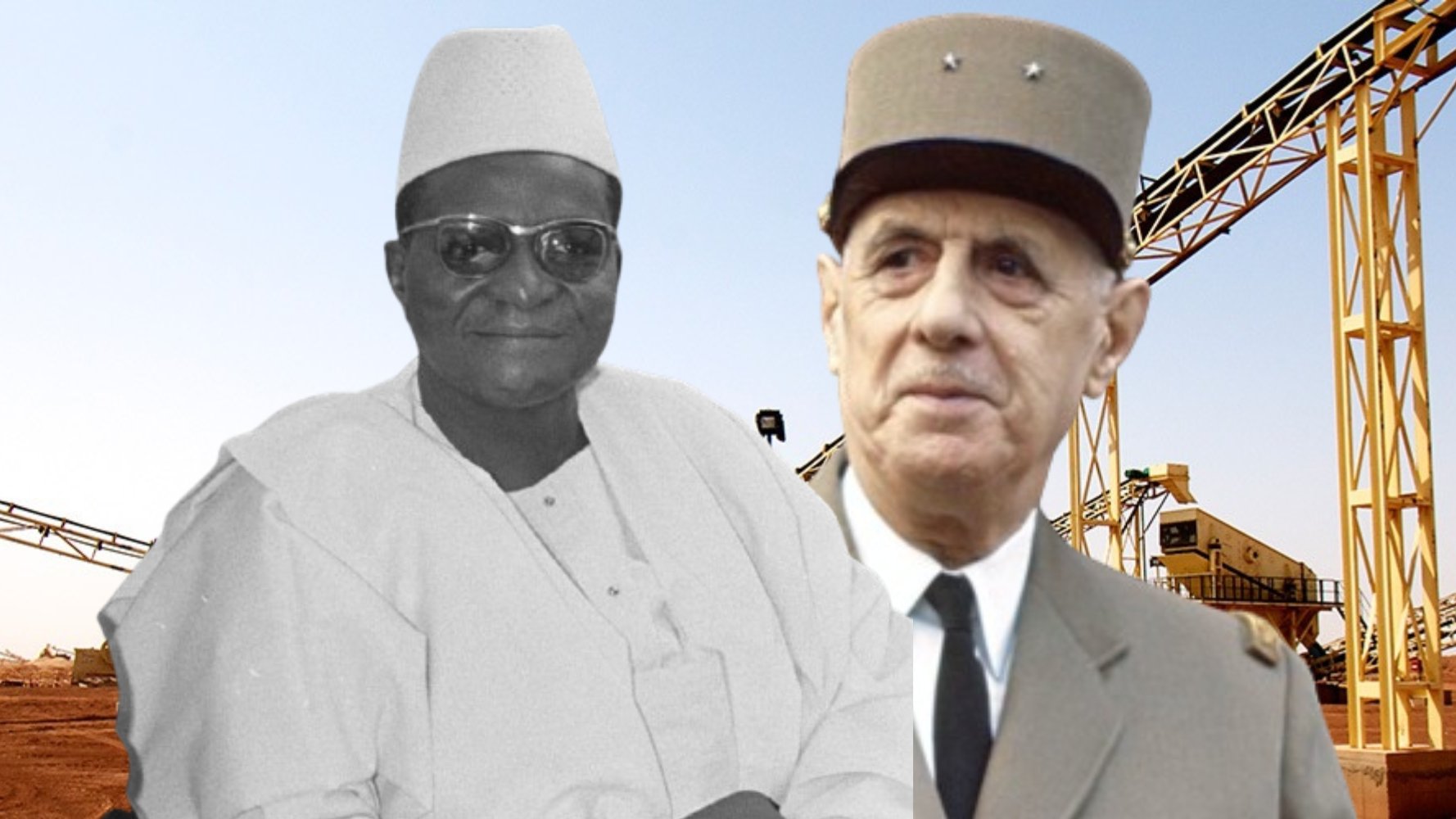 The image appears to show two historical figures in front of a background featuring industrial equipment, likely related to mining or construction. One figure is depicted in black and white, dressed in traditional attire, while the other is shown in color, wearing a military uniform and a distinctive hat. The setting suggests a focus on industrial development or political themes, potentially highlighting a historical connection between these individuals.