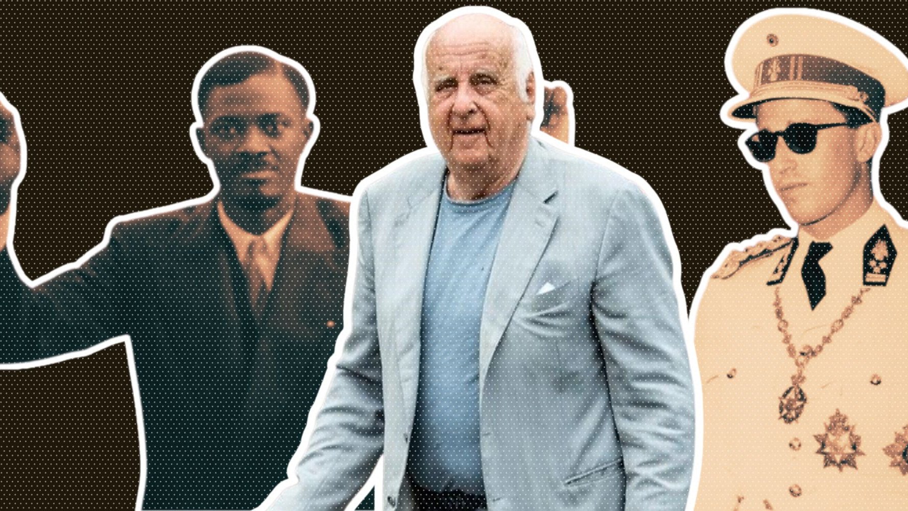 The image features three prominent figures. One figure on the left is a man dressed in formal attire, raising one arm in a gesture that suggests defiance or empowerment. The central figure is an older man in a light blue blazer, appearing casual and confident as he walks. The figure on the right wears a military-style uniform with sunglasses, projecting authority. The background is a dark brown color, and the figures are outlined prominently.