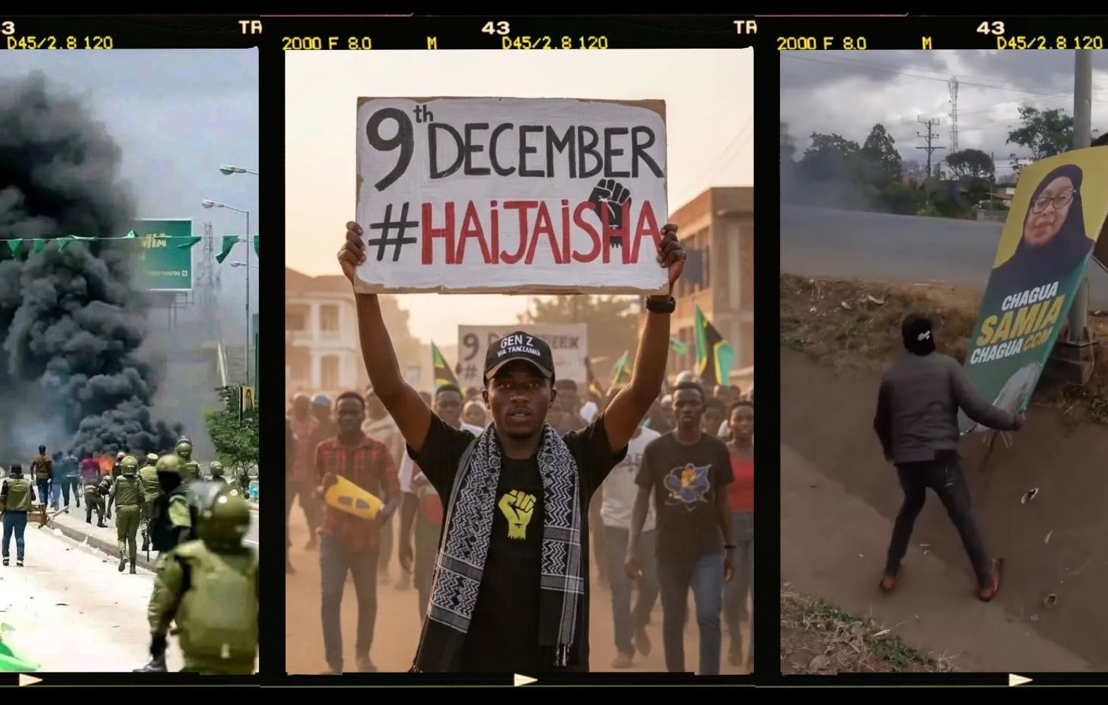 The image appears to be a triptych, consisting of three separate panels: 1. **Left Panel**: Shows a scene of chaos with smoke billowing in the background, likely from protests or riots. There are people, possibly demonstrators or security forces, visible in the foreground. 2. **Middle Panel**: Features a young man holding a sign that reads "9th December #HAJTAISHA." He is dressed casually and appears to be at a demonstration or rally, suggesting a call to action or awareness about an event on that date. 3. **Right Panel**: Depicts a person interacting with a political campaign poster or sign. The poster displays an image of a candidate or public figure, indicating a political context. Overall, the image conveys themes of political activism, public protests, and the importance of civic engagement.