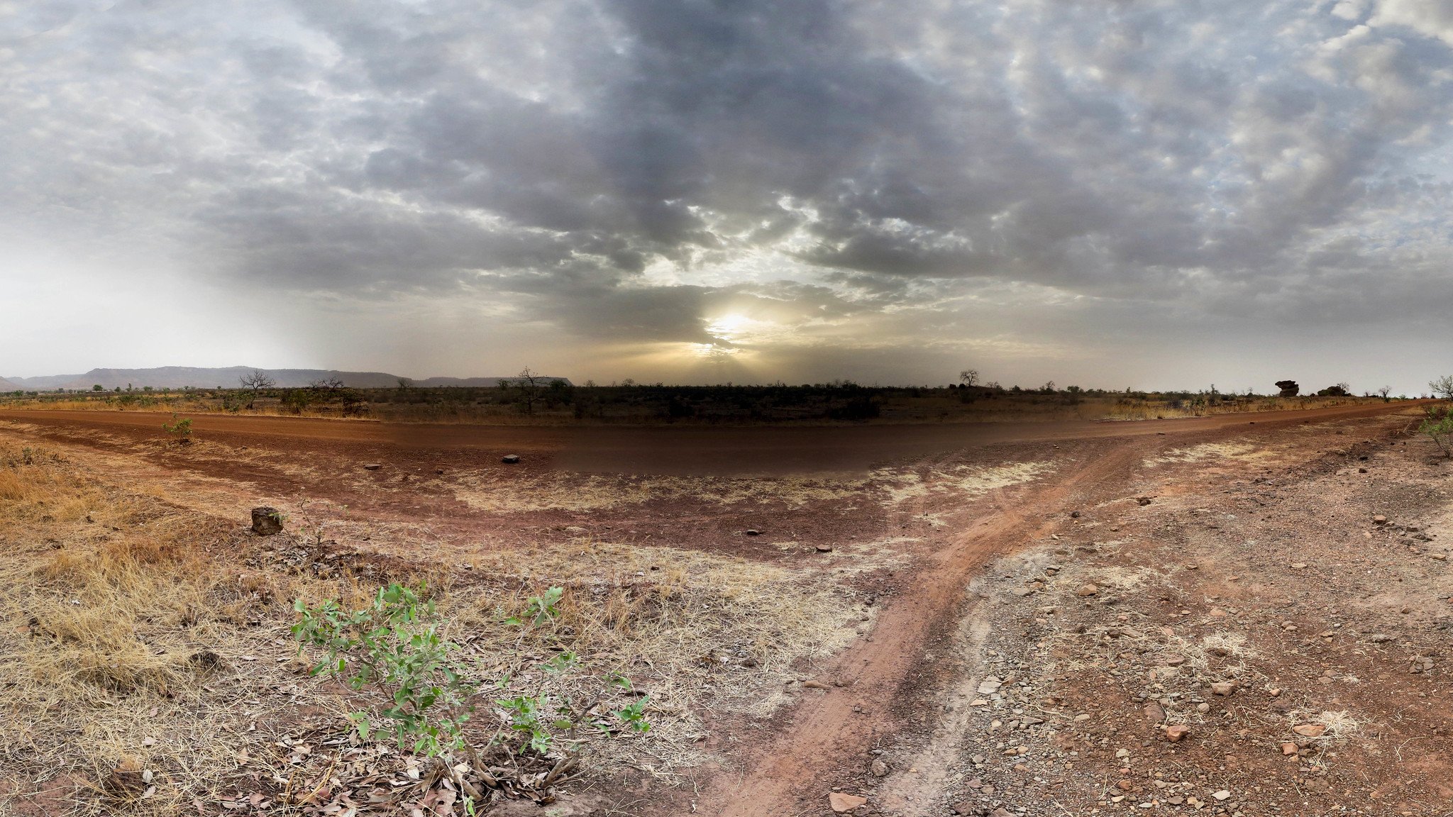 The image features a vast landscape under a cloudy sky, with the sun partially obscured by clouds, casting a soft light across the scene. The ground is dry and dusty, with patches of bare earth and sparse vegetation, including small plants and grasses. In the foreground, a path or trail diverges, leading into the distance, suggesting a sense of exploration in this open, natural environment. The overall tone is tranquil and somewhat desolate, evoking a sense of solitude in nature.