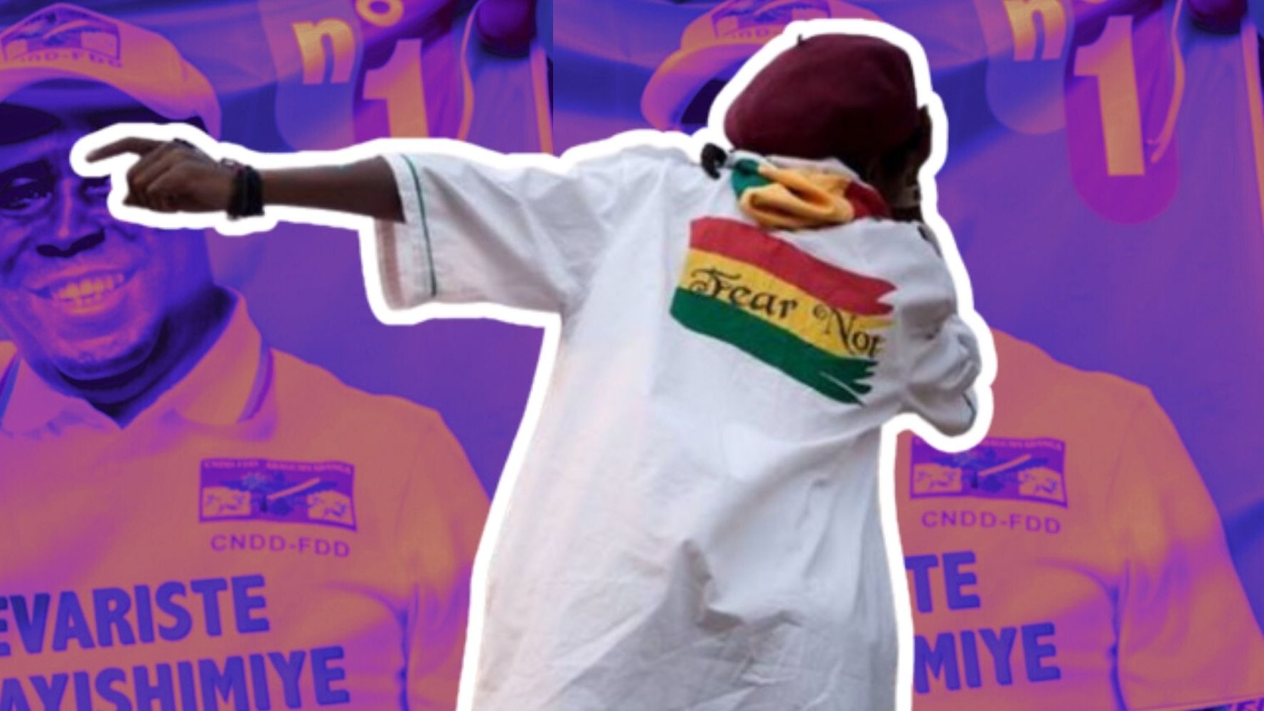 The image features a figure wearing a white shirt with vibrant colors and a design on the back. The background includes repeated images of a man, possibly a political figure, smiling and wearing a hat with a logo. The overall color scheme is purple, enhancing a dynamic atmosphere. The shirt's imagery suggests a message of confidence or defiance.