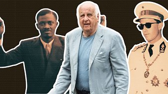 The image features three prominent figures. One figure on the left is a man dressed in formal attire, raising one arm in a gesture that suggests defiance or empowerment. The central figure is an older man in a light blue blazer, appearing casual and confident as he walks. The figure on the right wears a military-style uniform with sunglasses, projecting authority. The background is a dark brown color, and the figures are outlined prominently.