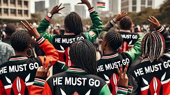 The image shows a group of people standing with their backs to the camera, all wearing matching colorful jackets that feature the Kenyan flag and an artistic design of traditional Kenyan symbols. They have their hands raised in a peace sign gesture, indicating solidarity and protest. The text "HE MUST GO" is prominently displayed on the back of each jacket, suggesting a strong political message. In the background, there are buildings and a crowd, indicating that this is likely taking place in a public demonstration or rally.