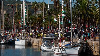 The image shows a vibrant waterfront scene filled with several boats docked along a harbor. There are tall palm trees lining the shore, contributing to a tropical atmosphere. A large crowd of people can be seen gathered by the boats, many waving flags, suggesting a festive or celebratory event. The flags feature various colors and designs, indicating a sense of community or national pride. In the background, there are green hills and possibly some buildings, adding depth to the setting. The overall mood appears to be lively and cheerful, with bright sunlight illuminating the scene.