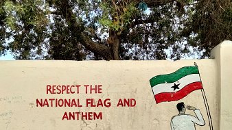 The image shows a mural on a wall featuring the phrase "RESPECT THE NATIONAL FLAG AND ANTHEM" written in bold, red letters. Next to the text, there is a painted figure of a person saluting while holding a flag that has green, white, and red stripes with a star in the center. The background includes a tree, suggesting an outdoor setting. The overall message promotes respect for the national symbols.