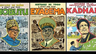The image features three illustrated book covers, each depicting a different African leader: 1. **Mobutu**: The cover is titled "Histoire du Zaire" and shows Mobutu Sese Seko, characterized by his leopard-skin hat and colorful uniform. The background includes scenes of the country and social dynamics. 2. **Eyadema**: The second cover, titled "Histoire du Togo," portrays Gnassingbé Eyadéma, wearing a military uniform. The imagery suggests themes related to Togolese history and leadership. 3. **Kadhafi**: The third cover reads "Histoire de la Révolution Libyenne" and features Muammar Gaddafi, depicted with a serious expression amidst scenes of revolution and cultural symbols. Overall, the illustrations highlight the leaders' roles and historical contexts in their respective countries, with bold colors and graphic styles.