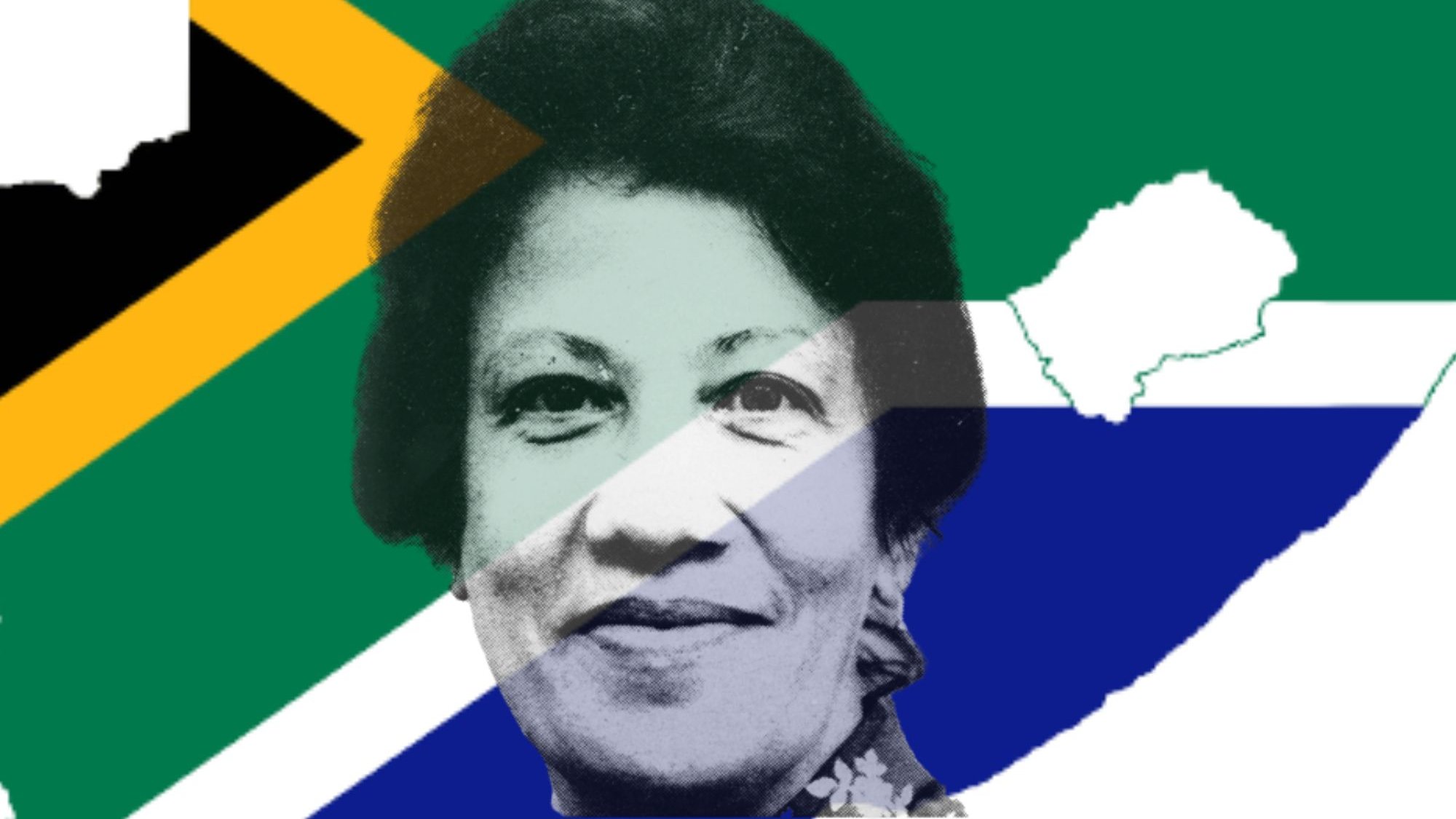L'image présente une composition graphique : en arrière-plan, on distingue le contour de la carte de l'Afrique du Sud, superposé aux couleurs de son drapeau, avec des motifs verts, noirs, et jaunes. Au premier plan, il y a le portrait d'une femme, semblant souriante, dont le visage est légèrement stylisé dans des tons de gris. Cette image évoque un lien fort avec l'identité sud-africaine et pourrait représenter une figure importante de ce pays.