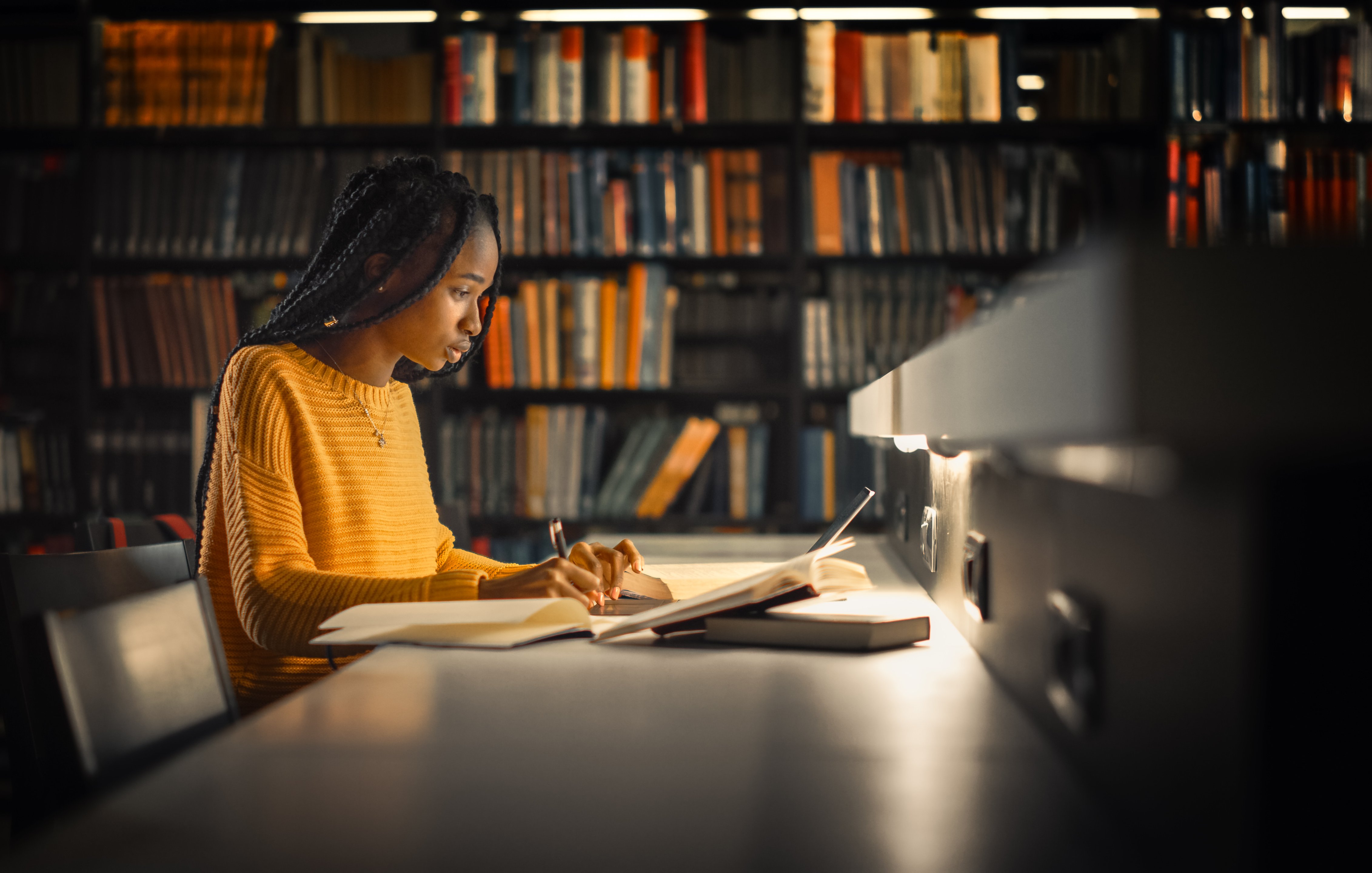 L'image montre une jeune femme assise à une table dans une bibliothèque. Elle est concentrée sur ses études, écrivant dans un cahier avec un stylo. Elle porte un pull en laine de couleur jaune. La lumière douce provenant d'une lampe de bureau éclaire son visage et son cahier. En arrière-plan, on voit des étagères remplies de livres, créant une atmosphère studieuse et calme, idéale pour la lecture et l'apprentissage. La posture de la jeune femme montre qu'elle est absorbée par son travail, avec une expression de détermination sur son visage.