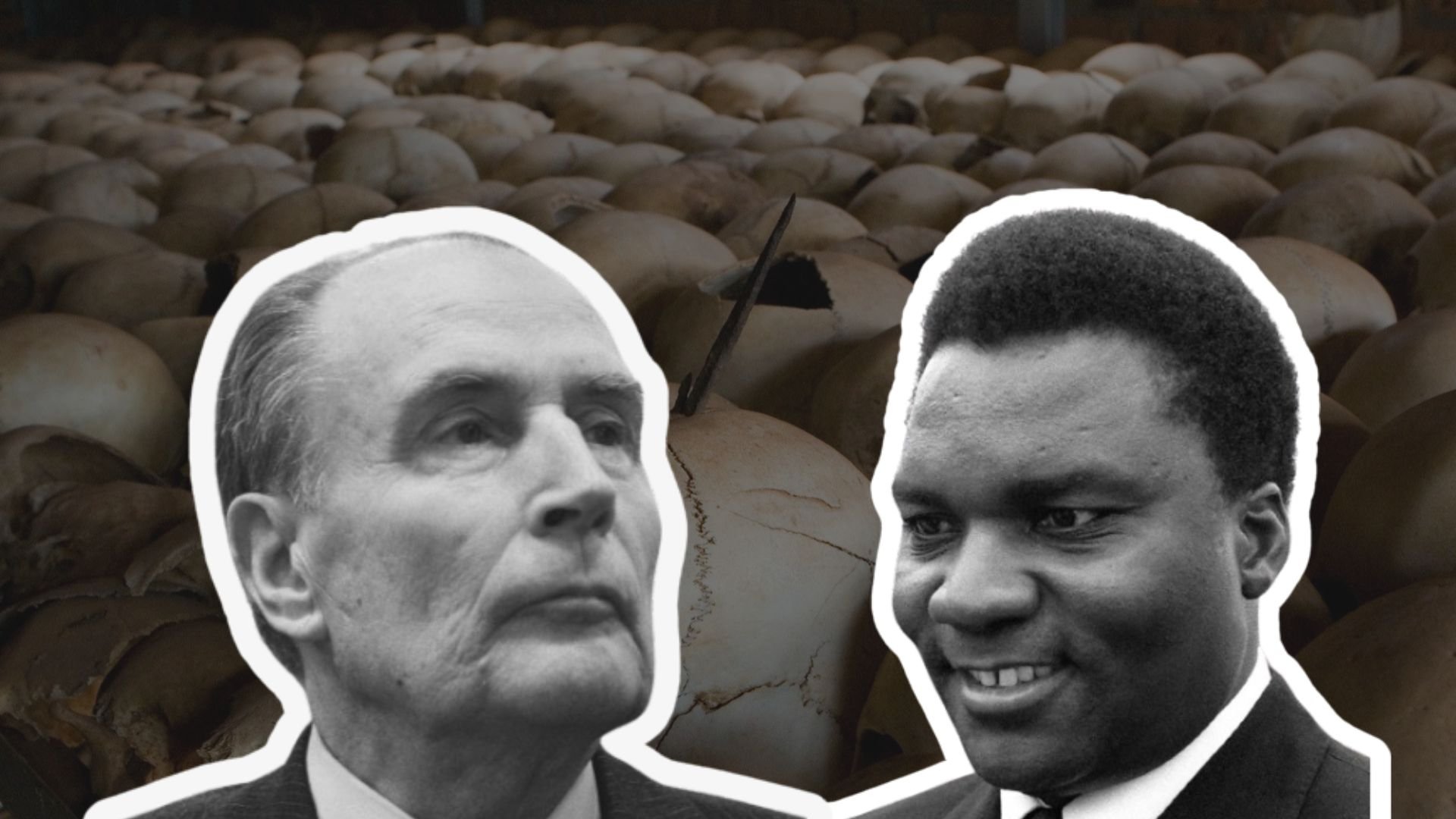 L'image illustre deux figures humaines, probablement des personnages historiques, disposées sur un fond sombre composé de nombreux crânes. La surface sur laquelle se trouvent les crânes est irrégulière, accentuant l'aspect tragique de la scène. Les visages des deux individus en premier plan sont présentés de manière distincte, l'un étant pensif et sérieux, tandis que l'autre affiche un sourire. La juxtaposition des personnages avec le fond évoque des thèmes de mémoire et de conflit, créant une atmosphère pesante et émotive.