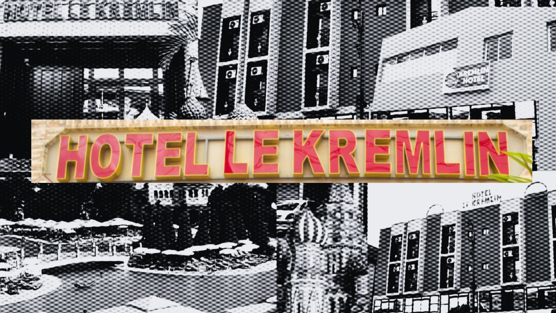 L'image présente un collage en noir et blanc d'éléments architecturaux, avec un texte central coloré indiquant "Hôtel Le Kremlin". On peut voir des bâtiments avec un style distinctif, évoquant une ambiance urbaine. Le contraste entre le texte coloré et les images en noir et blanc attire l'attention. Des éléments décoratifs, peut-être inspirés de l'architecture russe, renforcent le thème de l'hôtel.