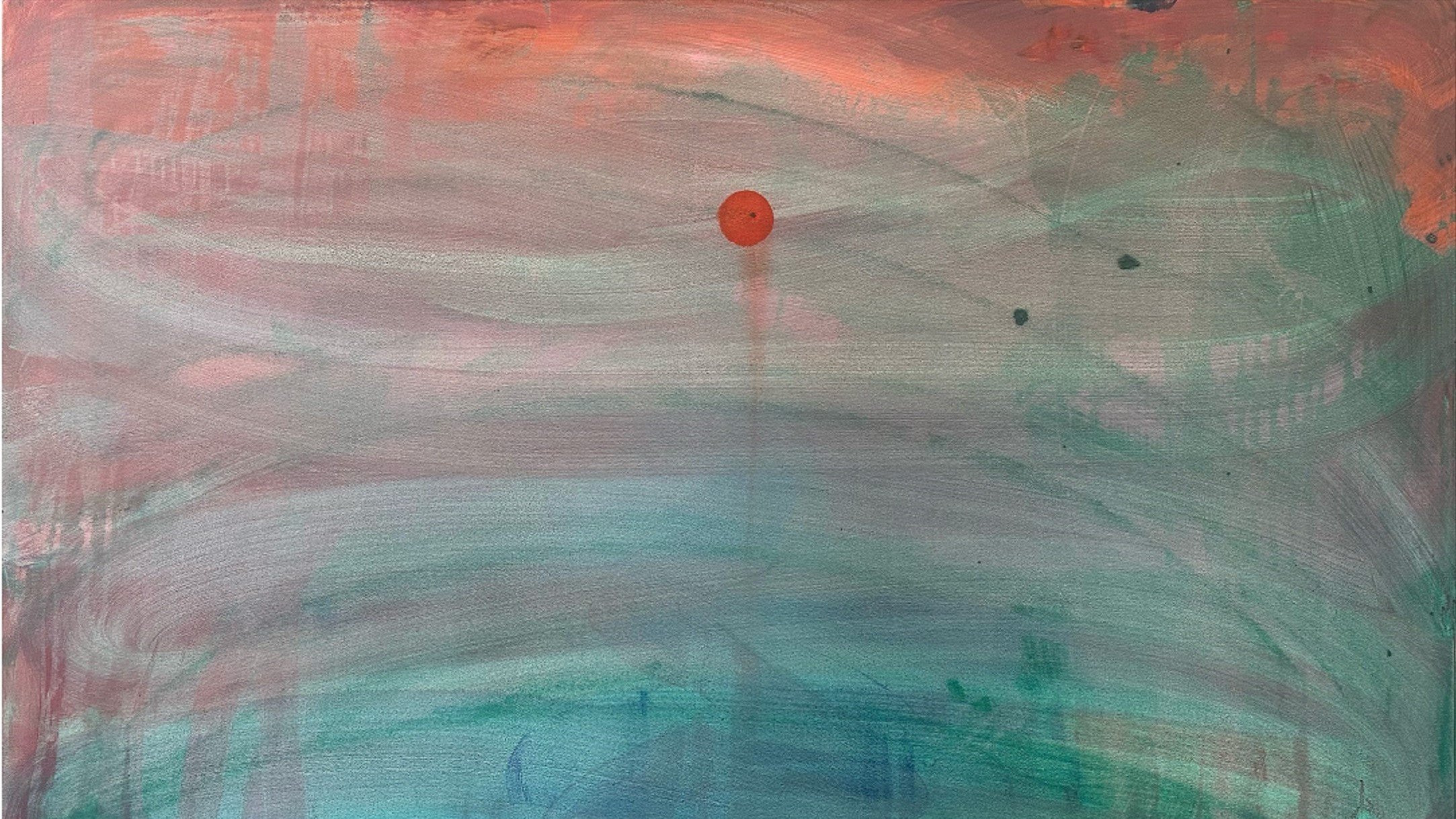 Cette image est une peinture abstraite qui présente un fond aux teintes douces. On y voit un mélange de couleurs telles que le bleu, le vert et des nuances de rose qui se côtoient harmonieusement. Au centre de la toile, un point rouge vif attire le regard, contrastant avec les couleurs environnantes. Les coups de pinceau semblent fluides, créant une sensation de mouvement et de profondeur. L'ensemble dégage une atmosphère paisible et rêveuse, invitant à la contemplation.