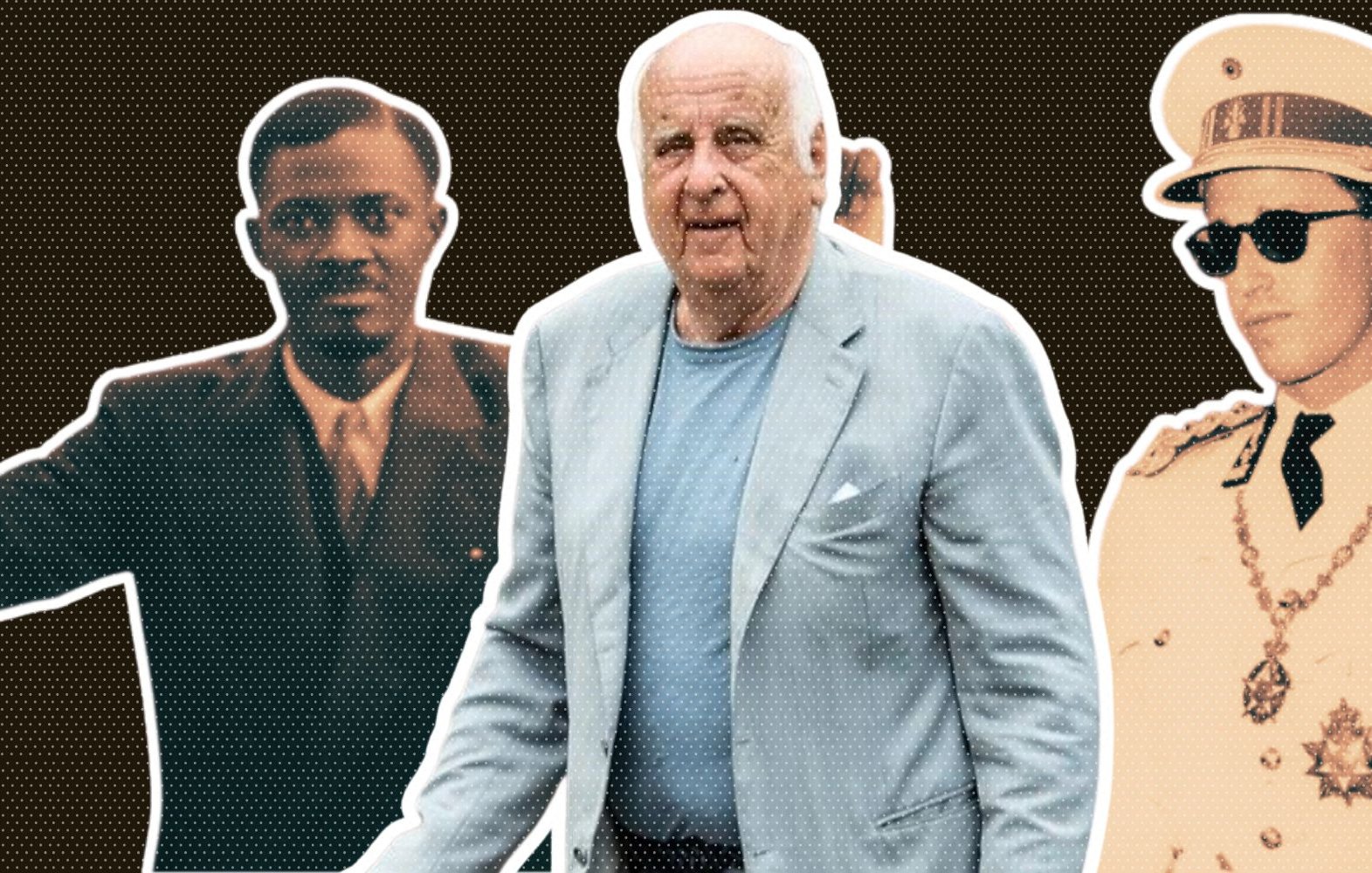 L'image présente trois figures distinctes, chacune représentée dans un style photographique. 1. À gauche, un homme noir, habillé en costume sombre, lève un bras avec détermination, montrant potentiellement un geste de protestation ou de célébration. 2. Au centre, un homme plus âgé, d'apparence amicale, porte un blazer clair et un t-shirt bleu. Il semble être en train de marcher, dégageant une aura de respectabilité et de sagesse. 3. À droite, un homme habillé en uniforme militaire, portant des lunettes de soleil et des décorations sur sa tenue. Son expression est sérieuse, ajoutant une dimension de pouvoir ou d'autorité à son image. L'arrière-plan est de couleur sombre, mettant en valeur les personnages qui sont entourés d'un contour blanc, ce qui attire l'attention sur leurs différences de style et de caractère.