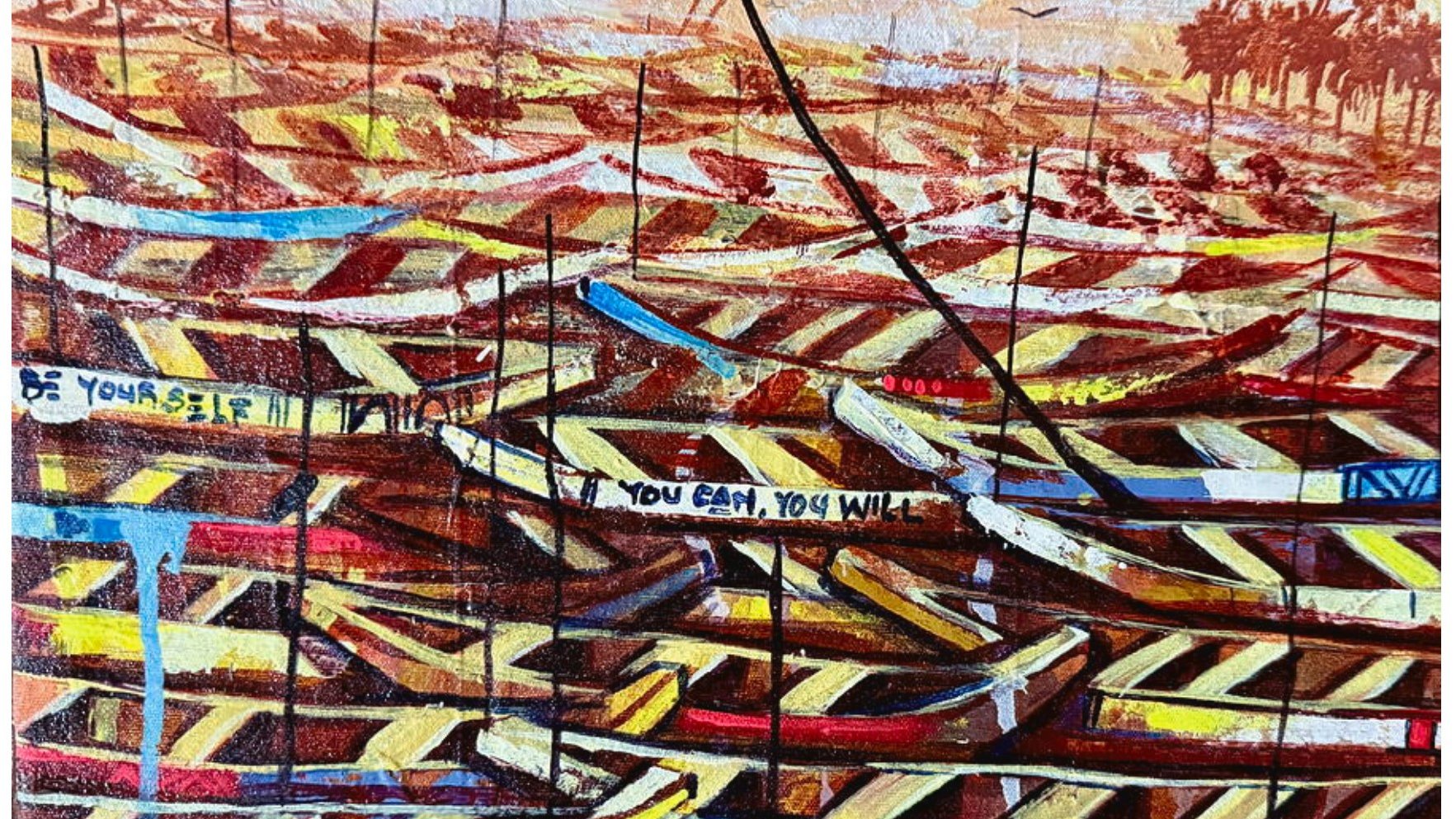 Cette image présente une scène colorée et vibrante de plusieurs bateaux disposés de manière délicate sur l'eau. Les bateaux, peints dans des teintes de rouge, bleu et jaune, sont alignés, créant un motif harmonieux. En arrière-plan, on peut apercevoir des palmiers se balançant sous un ciel teinté de nuances orange et rose, suggérant un coucher de soleil. Des mots inspirants sont inscrits sur les bateaux, tels que « Be yourself » (Sois toi-même), « Dream big » (Rêve grand), et « Do all things with love » (Fais toutes choses avec amour). Cette composition évoque un sentiment d'espoir et d'encouragement, mettant en avant des messages positifs tout en capturant la beauté d'une scène maritime. L'ensemble dégage une atmosphère de tranquillité et d'inspiration.