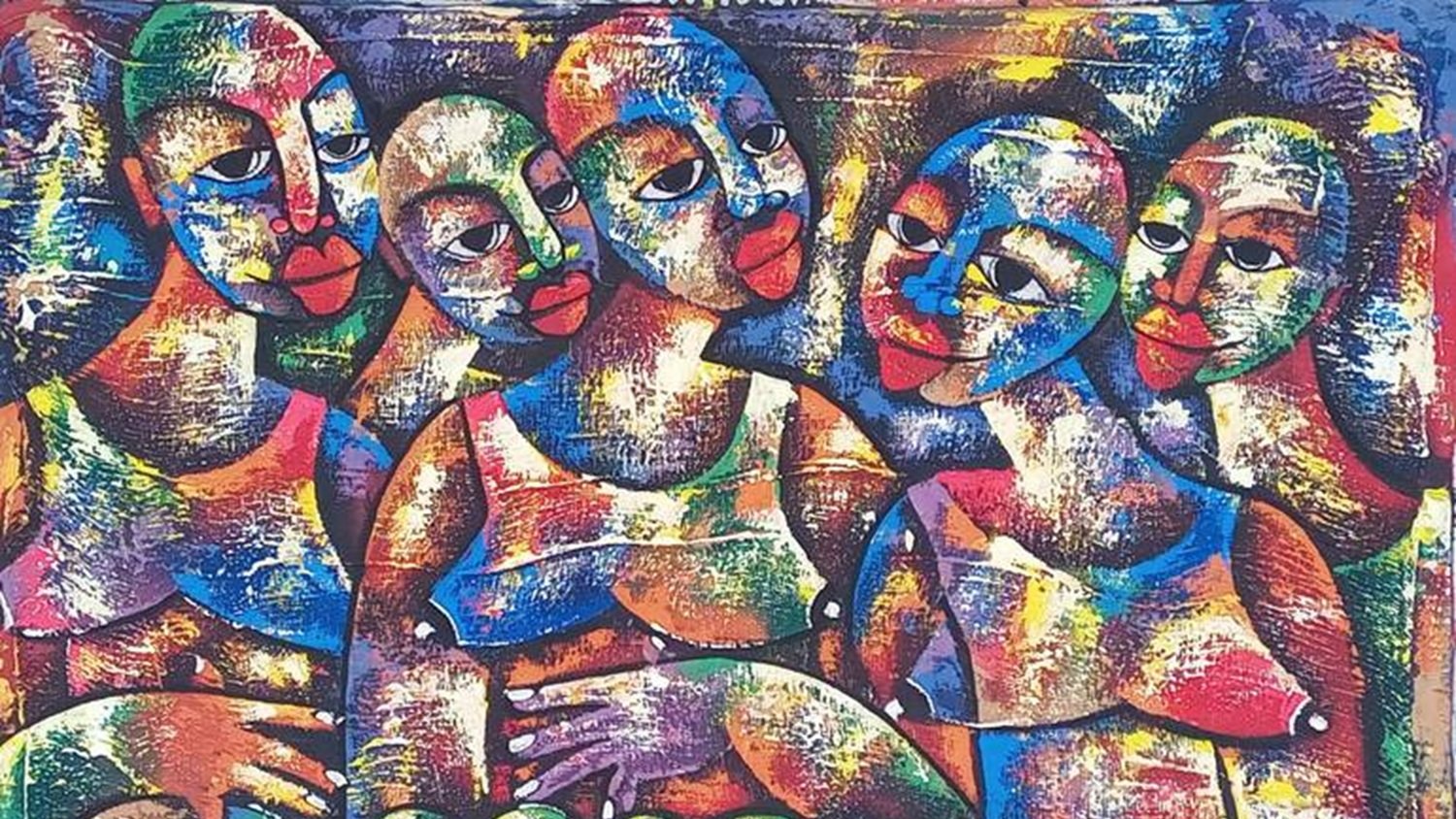 L'image représente un groupe de cinq figures humaines, stylisées et aux traits expressifs. Les personnages sont représentés avec des couleurs vives et des formes abstraites. Les visages affichent des expressions variées, incorporant des nuances de rouge, bleu, vert et jaune. Au centre, on peut voir une grande coupe ou un plat contenant des objets ronds, probablement des fruits. Les figures semblent interagir entre elles, créant une atmosphère chaleureuse et conviviale. L'arrière-plan est également riche en couleurs, ce qui renforce la composition vibrante et dynamique de l'ensemble. Cette œuvre évoque un sentiment de communauté et de partage.