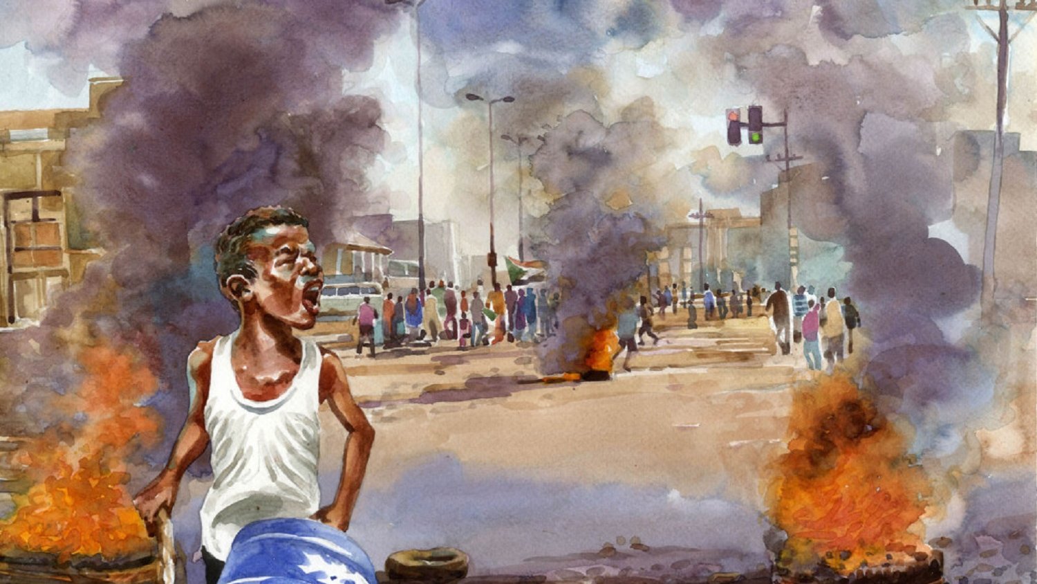 L'image représente une scène de protestation intense. Au centre, un jeune homme, exprimant une forte émotion, crie avec passion. Son visage reflète l'angoisse et la détermination, tandis qu'il porte un débardeur blanc. Autour de lui, on voit des pneus enflammés qui émettent des nuages de fumée sombre. En arrière-plan, une foule se déplace, rassemblée sur une route urbaine. Les bâtiments sont flous, mais on perçoit l'agitation des gens qui se mêlent à l'atmosphère chaotique. Un feu rouge de feu de circulation émerge, témoignant de la vie urbaine. L'ambiance est marquée par une tension palpable et une lutte pour la voix. Les couleurs, principalement des bruns, des bleus et des gris, renforcent l'intensité de la scène.