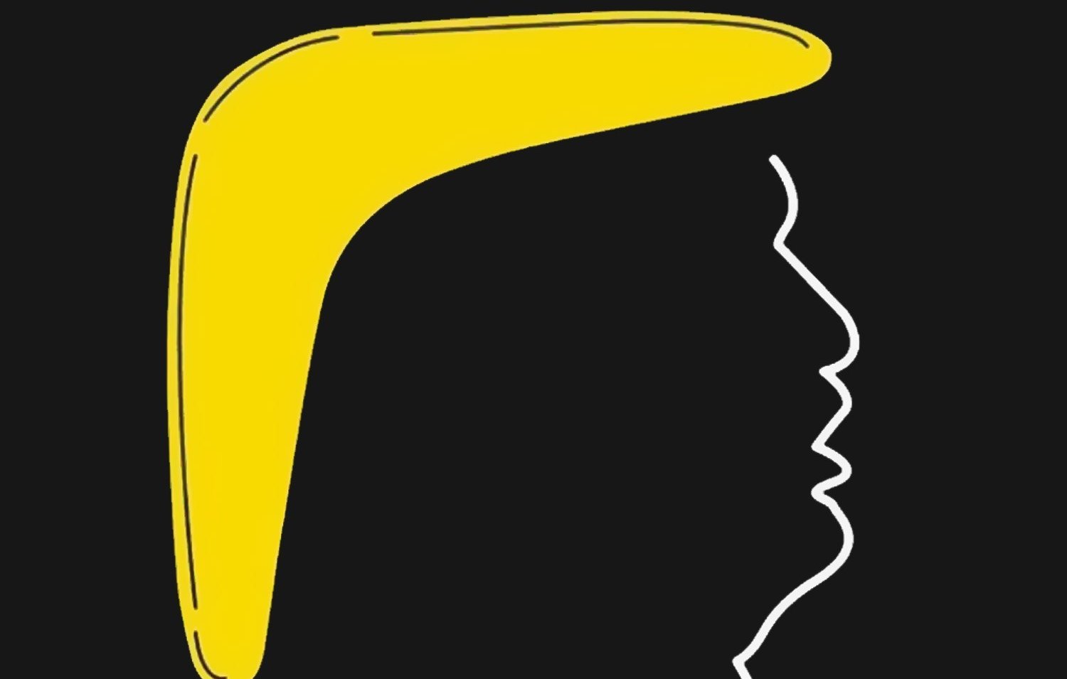 L'image présente un profil stylisé d'une tête sur fond noir. La silhouette est tracée en blanc, mettant en évidence les contours de la mâchoire et du nez. Une grande coiffure jaune, ressemblant à une mèche ou une coupe de cheveux distinctive, est ajoutée. Cet ensemble crée un contraste fort et une impression graphique marquante. L'image est à la fois simple et emblématique.