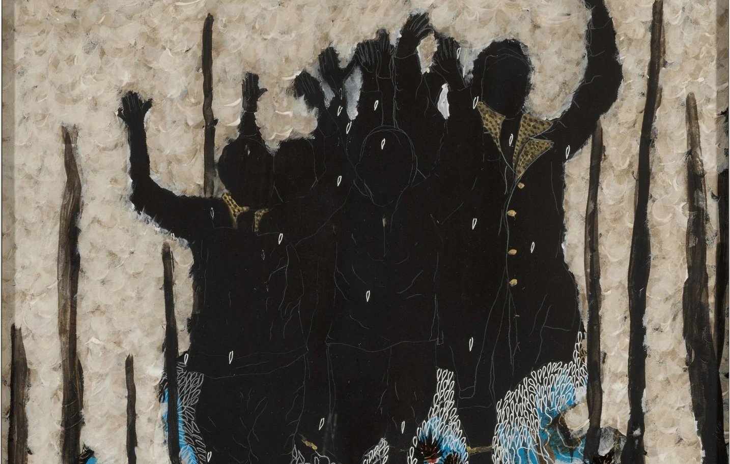 L'image représente une scène artistique où des silhouettes de personnes se dressent avec les bras levés, comme si elles exprimaient de la joie ou de la résistance. Ces silhouettes sont en noir, contrastant avec un arrière-plan texturé et lumineux. Ce dernier est composé de nuances pastel, évoquant des formes de végétation. En bas de l'image, on distingue des motifs évoquant le sol, peut-être des plantes ou des fleurs stylisées, ajoutant une dimension organique à la composition. L'ensemble crée une atmosphère dynamique et vibrante, symbole de force collective.